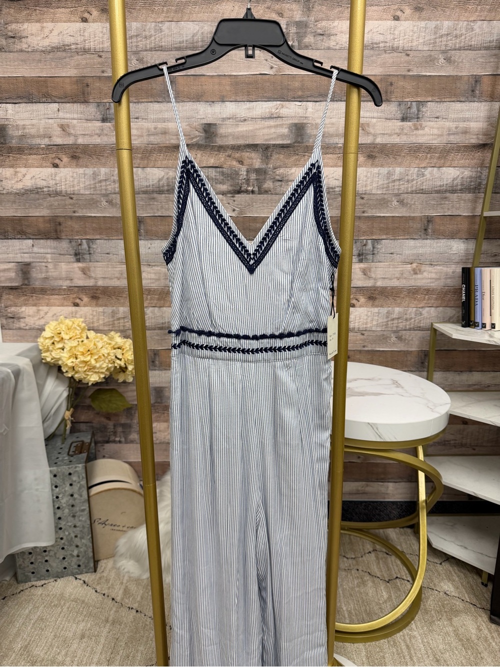 Japna white with navy stripes with embroidered trim NWT
